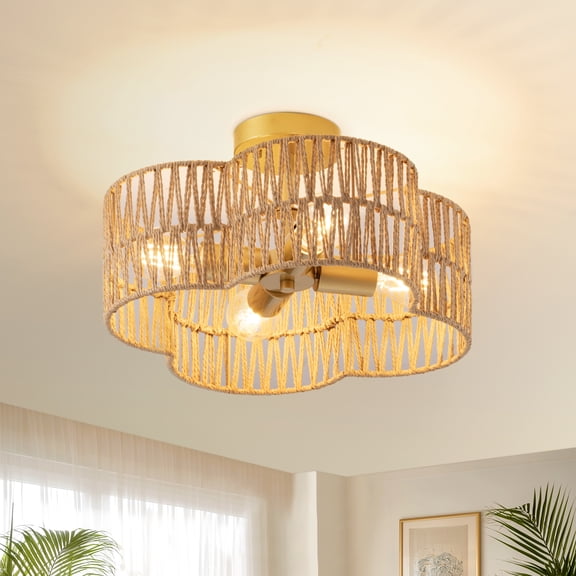 EDISHINE 16.5" 4-Light Woven Rattan Semi Flush Mount Ceiling Light, Boho Flush Mount Fixture for Living Room Bedroom Kitchen Entryway Hallway Foyer