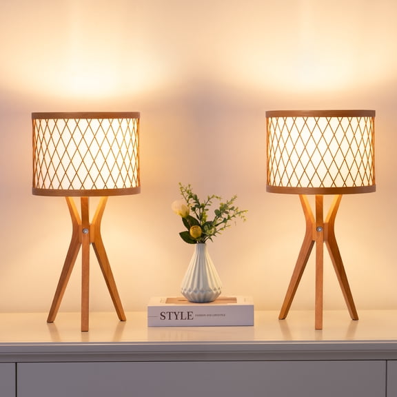 EDISHINE 17.7" Solid Wood Tripod Table Lamp Set of 2, Boho Lamp for Living Room, Bedroom, ON-Off Switch, E26 Base (Not Included)