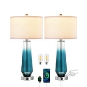 EDISHINE 2 Pack Modern Coastal Table Lamps, Touch Control Table Lamp with USB, Dimmable Lamp, Ocean Blue Glass Base