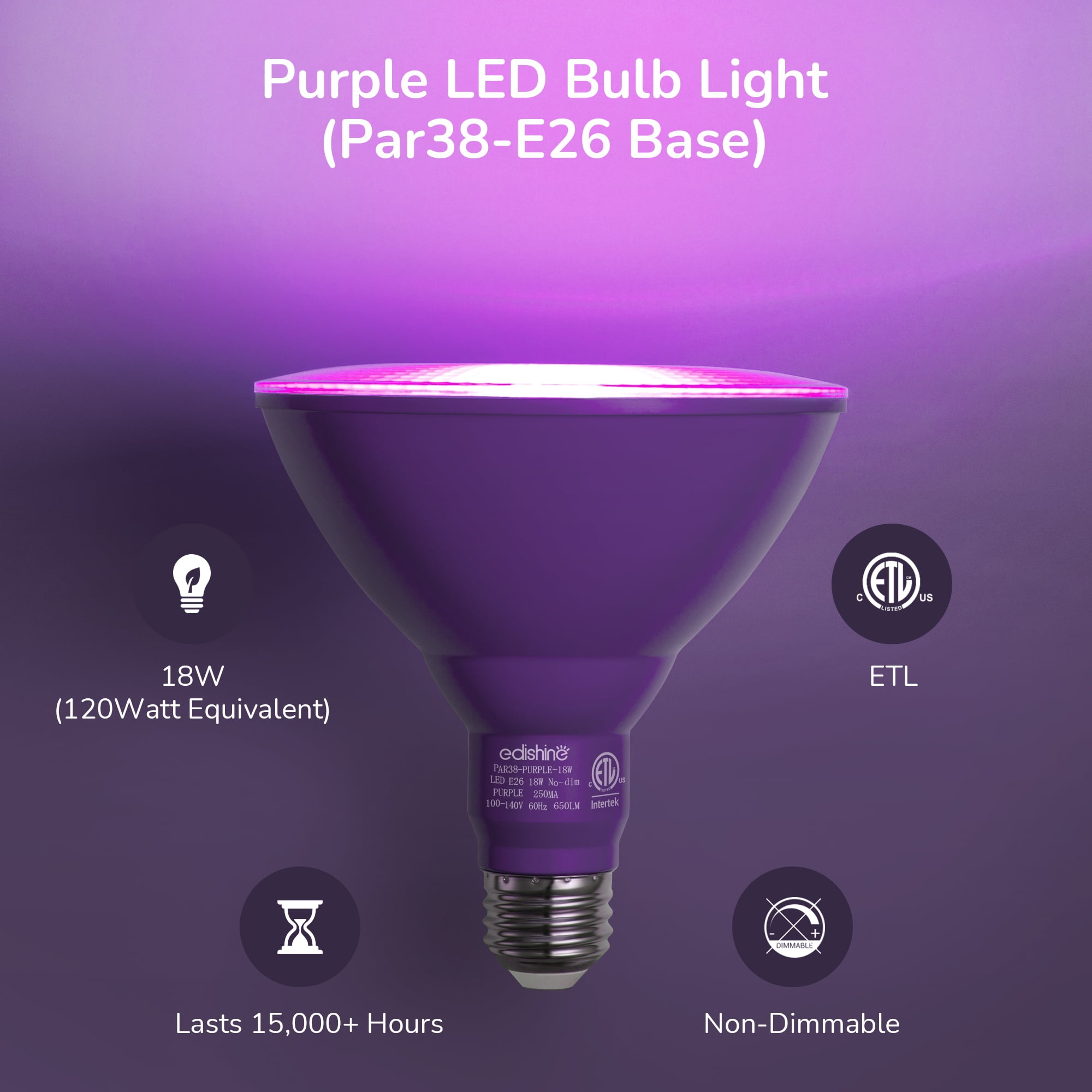 EDISHINE 2 Pack PAR38 Purple Flood Light Bulb, Purple LED Light Bulb