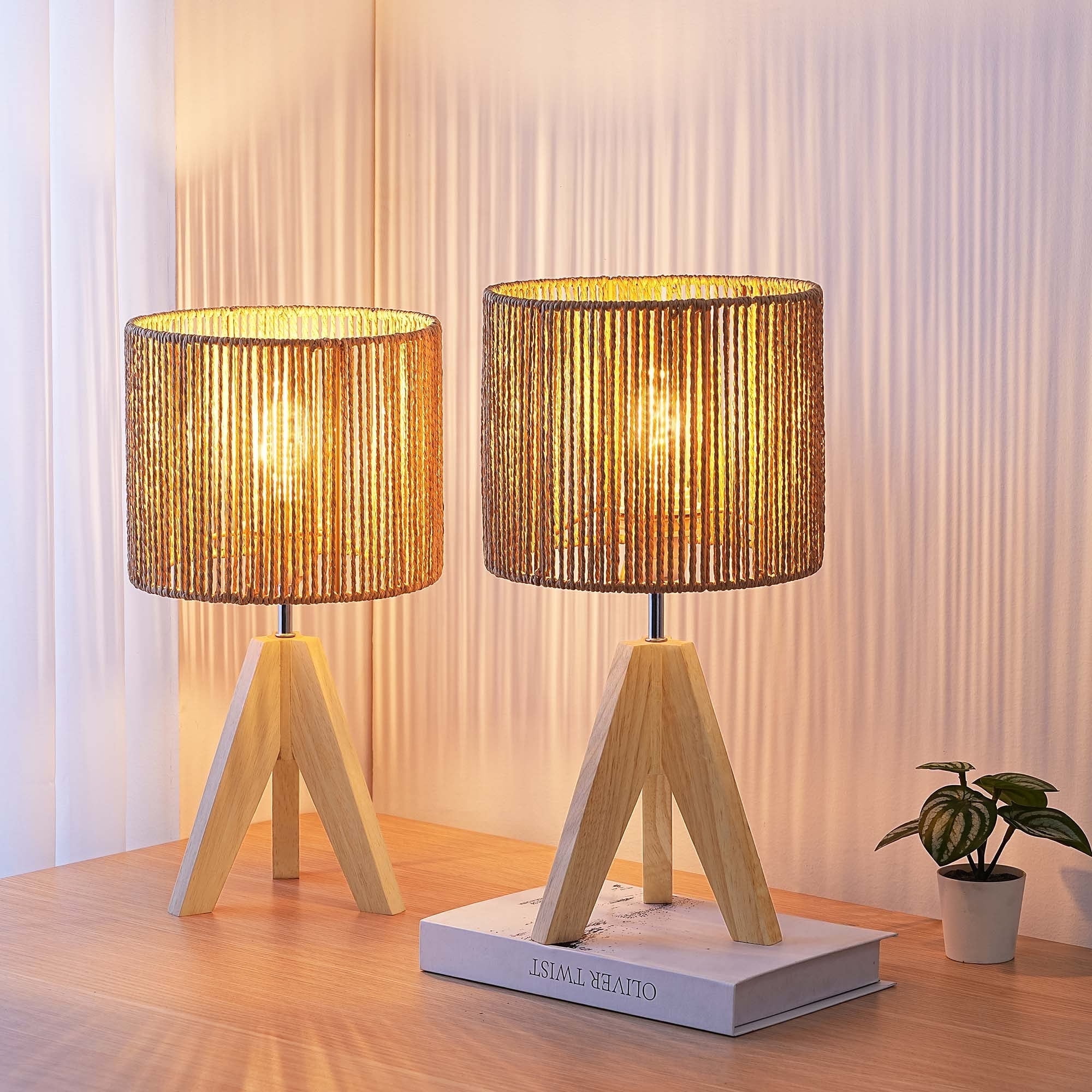 Aurion 14.2" Beige Solid Wood Tripod Table Lamp Set with Rattan Shade