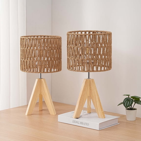 EDISHINE 2 Pack Small Bedside Table Lamps, Solid Wood Tripod Nightstand Lamp With Rattan Shade for Nightstand, Dresser, Fireplace Decoration, College Dorm, Coffee Table