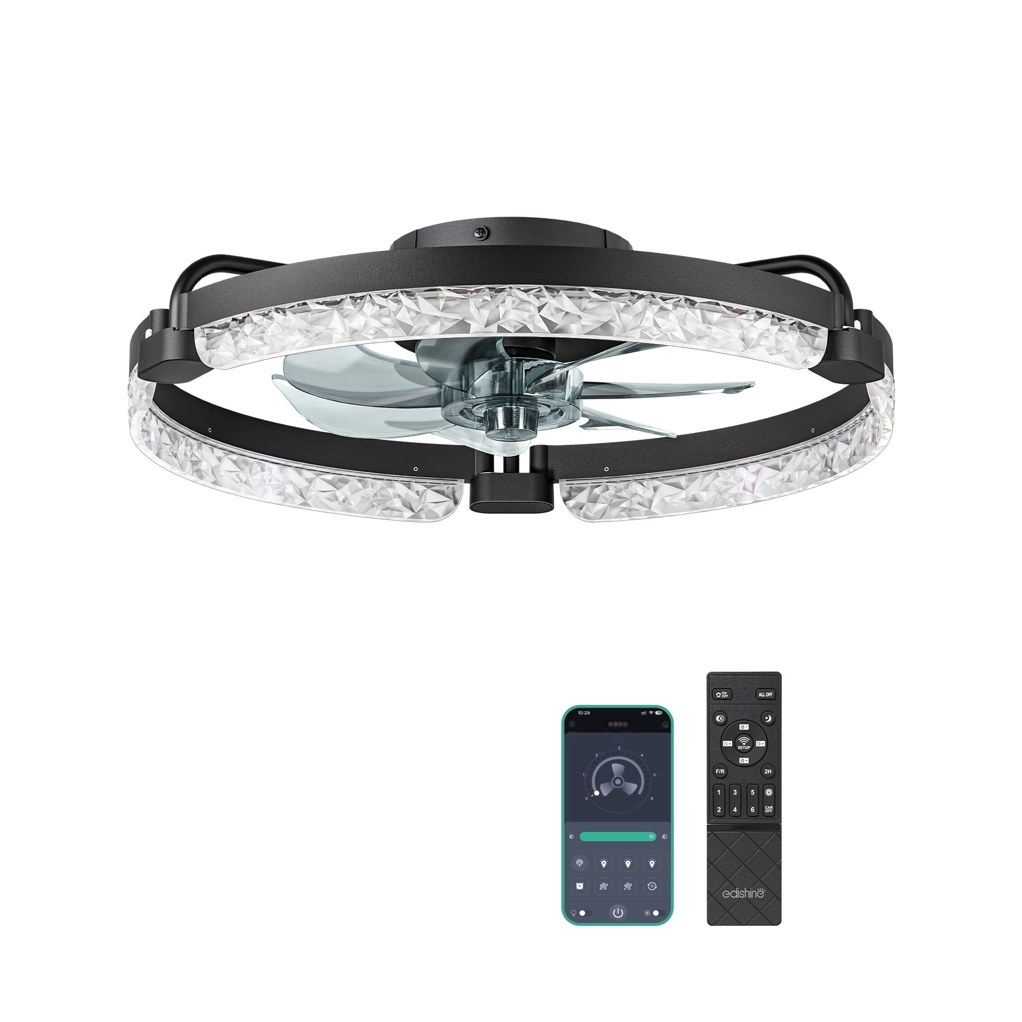 EDISHINE 20'' Low Profile Ceiling Fan with Light and Remote, Dimmable 3000K-6000K LED, 6 Speeds, DC Motor, APP Control, Modern Black Flush Mount Fandelier for Bedroom Kitchen