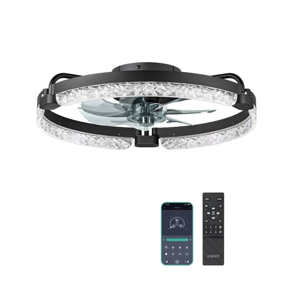 EDISHINE 20'' Low Profile Ceiling Fan with Light and Remote, Dimmable 3000K-6000K LED, 6 Speeds, DC Motor, APP Control, Modern Black Flush Mount Fandelier for Bedroom Kitchen
