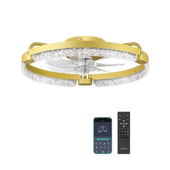 EDISHINE 20'' Low Profile Bladeless Ceiling Fan with Light, 3000K-6000K Dimmable LED, 6 Speeds, Reversible DC Motor, APP & Remote Control, Gold Modern Flush Mount Fandelier for Bedroom Kitchen