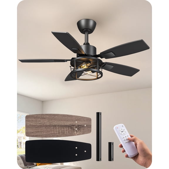 EDISHINE 42" Farmhouse Black Ceiling Fan with Light and Remote Control, 5 Wood Blades, Rustic Farmhouse Ceiling Fan with Light for Living Room, Bedroom, Wet Rated
