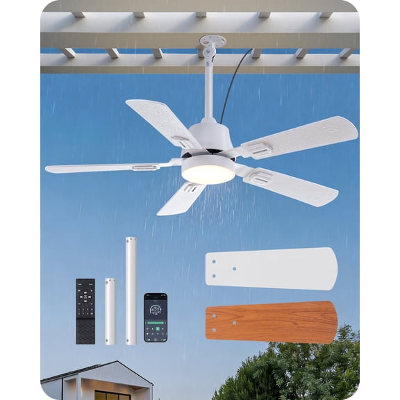 EDISHINE 42in Outdoor Ceiling Fan with Light, APP/Remote Control, IP66 Waterproof, 4800 CFM, 3CCT, 5 Wood Blade, 6-Speed Winds, Plug in Ceiling Fans for Patios Porch Pergola, White