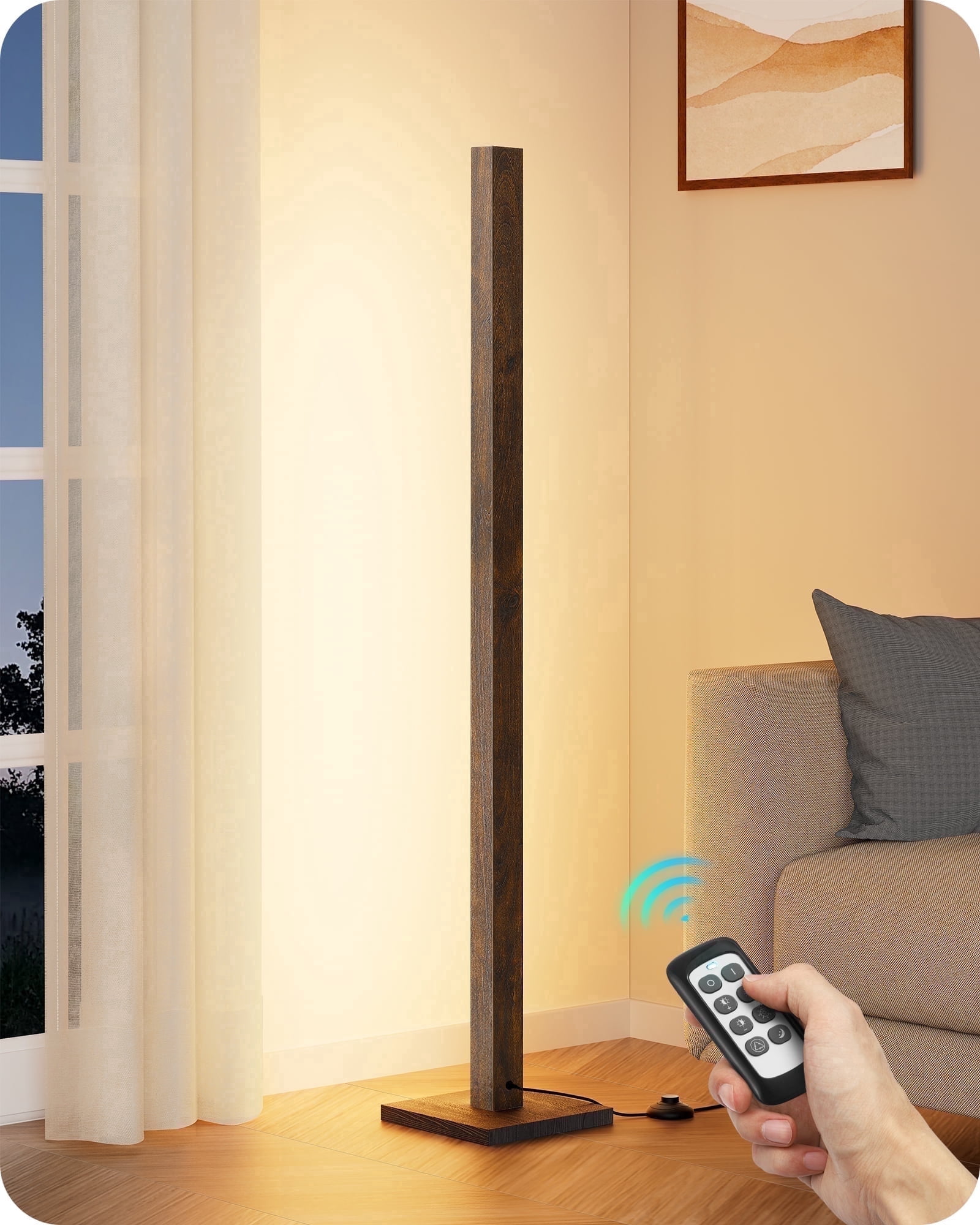 EDISHINE 48.43in Mid-Century Modern Floor Lamps with Remote for Living Room , Dimmable, 7CCT, Dark Walnut