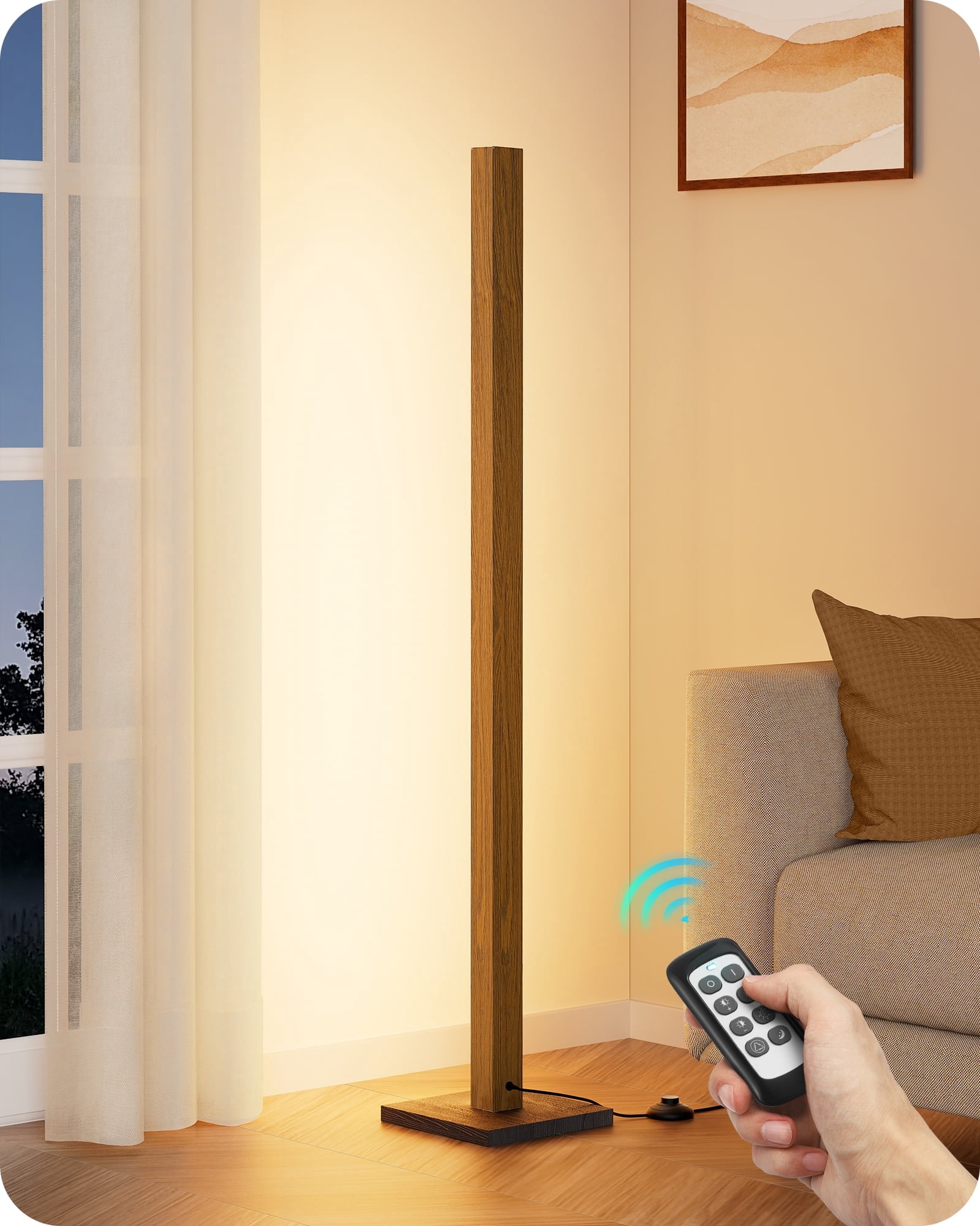 EDISHINE 48.43IN Mid-Century Modern Floor Lamps with Remote for Living Room , Dimmable, 7CCT, Wood LED Corner Light for Bedroom, Office, 2700K~6000K, Light Brown