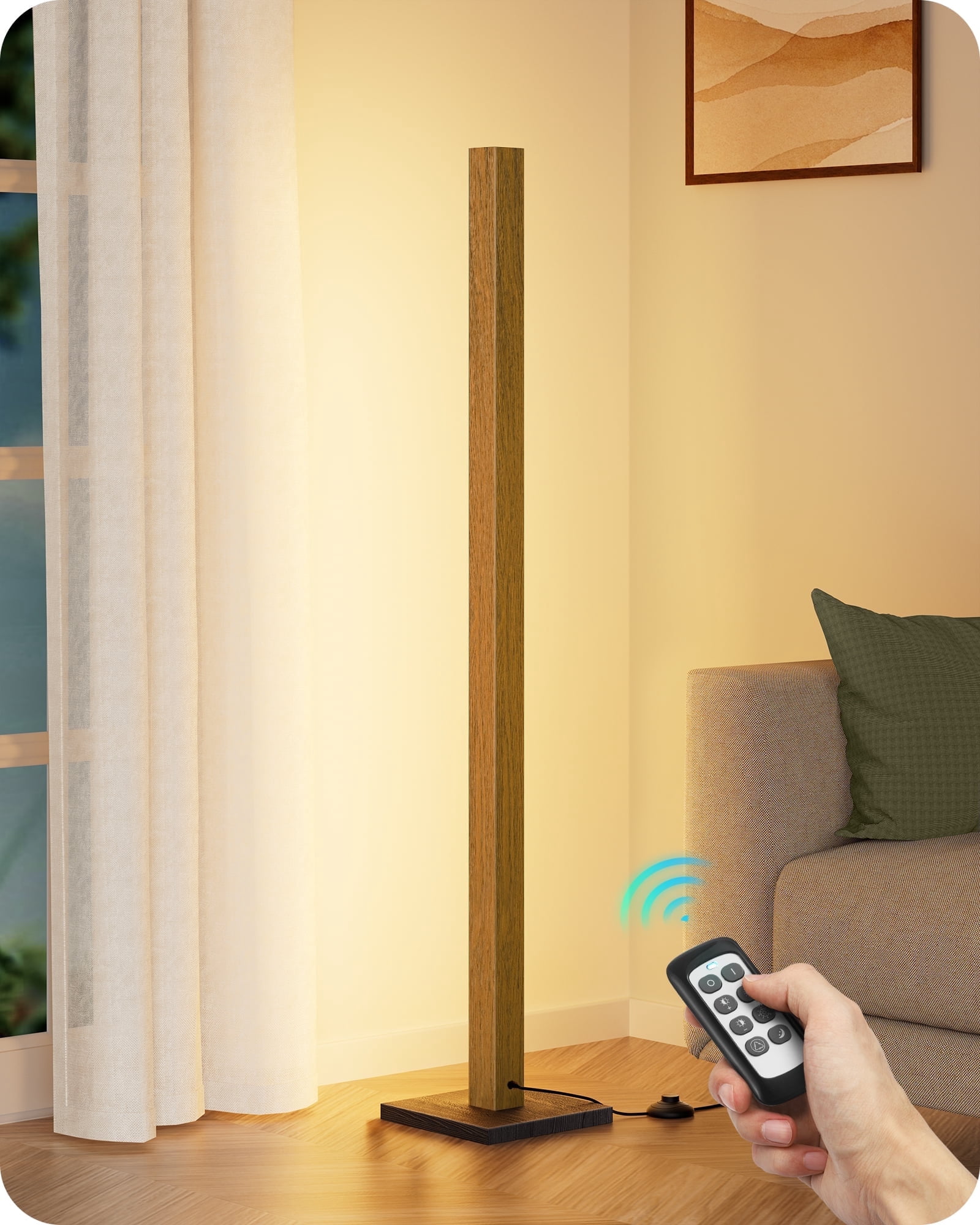 EDISHINE 48" Wooden LED Corner Floor Lamps for Living Room, Modern Dimmable Light with Remote, Minimalist Standing Floor Light for Bedroom, Office, 7 Color Temperature 2700~6000K