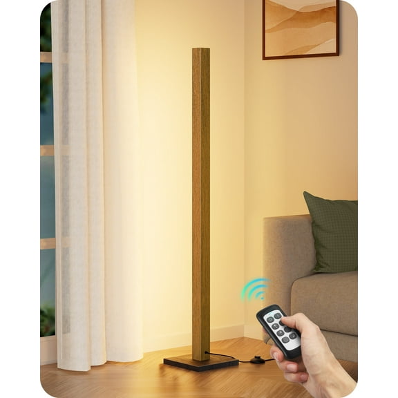 EDISHINE 48" Wooden LED Corner Floor Lamps for Living Room, Modern Dimmable Light with Remote, Minimalist Standing Floor Light for Bedroom, Office, 7 Color Temperature 2700~6000K