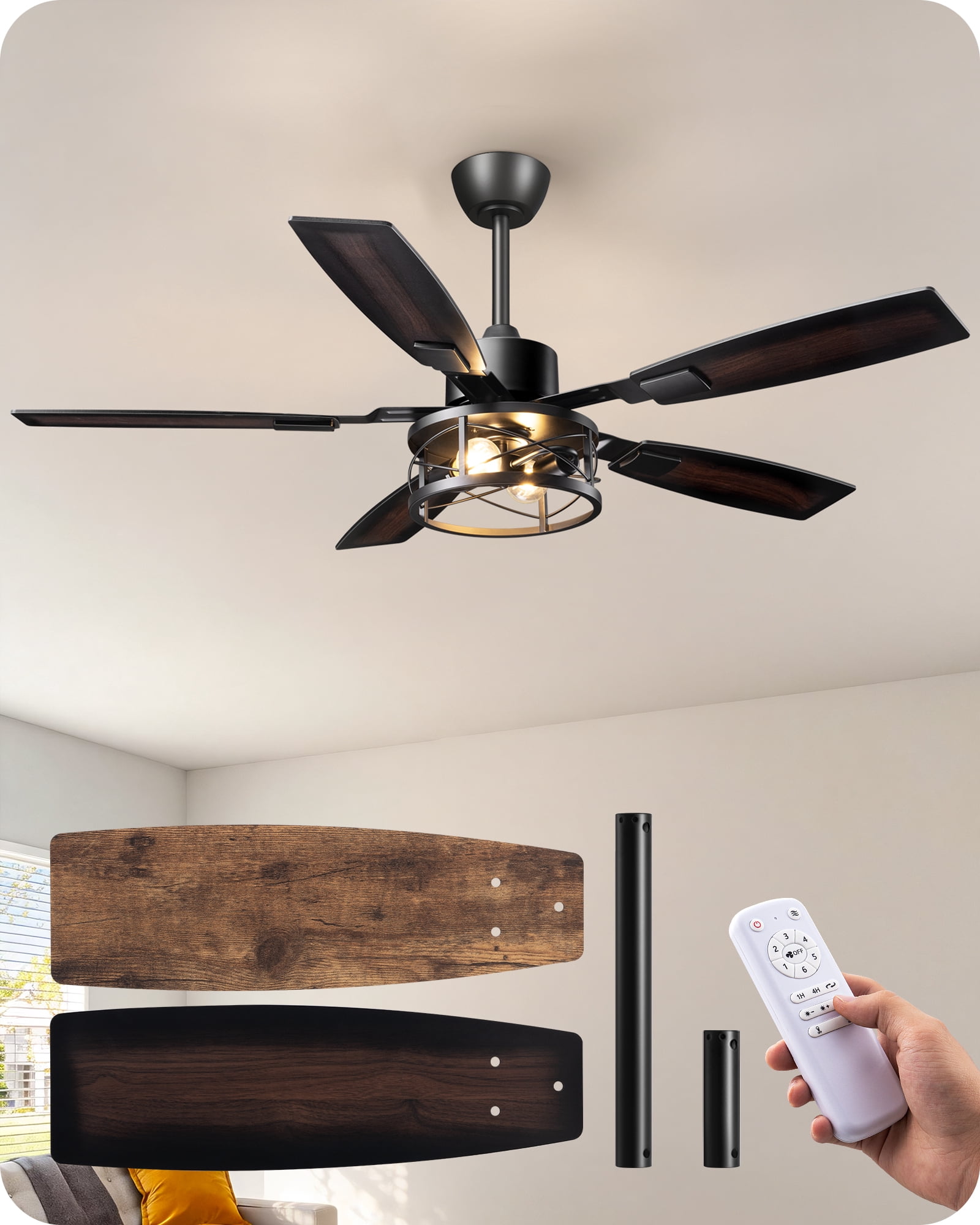 EDISHINE 52" Farmhouse Ceiling Fan with Light and Remote Control, Brown, 5 Wood Blades, Rustic Farmhouse Ceiling Fan with Light for Living Room, Bedroom, Wet Rated