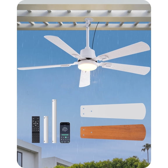EDISHINE 52" Outdoor Ceiling Fan with Light, IP66 Waterproof, 5200 CFM, 6-Speed, App & Remote Control, Plug-in Hanging Fan for Gazebo, Patio, Pergola, Porch, White
