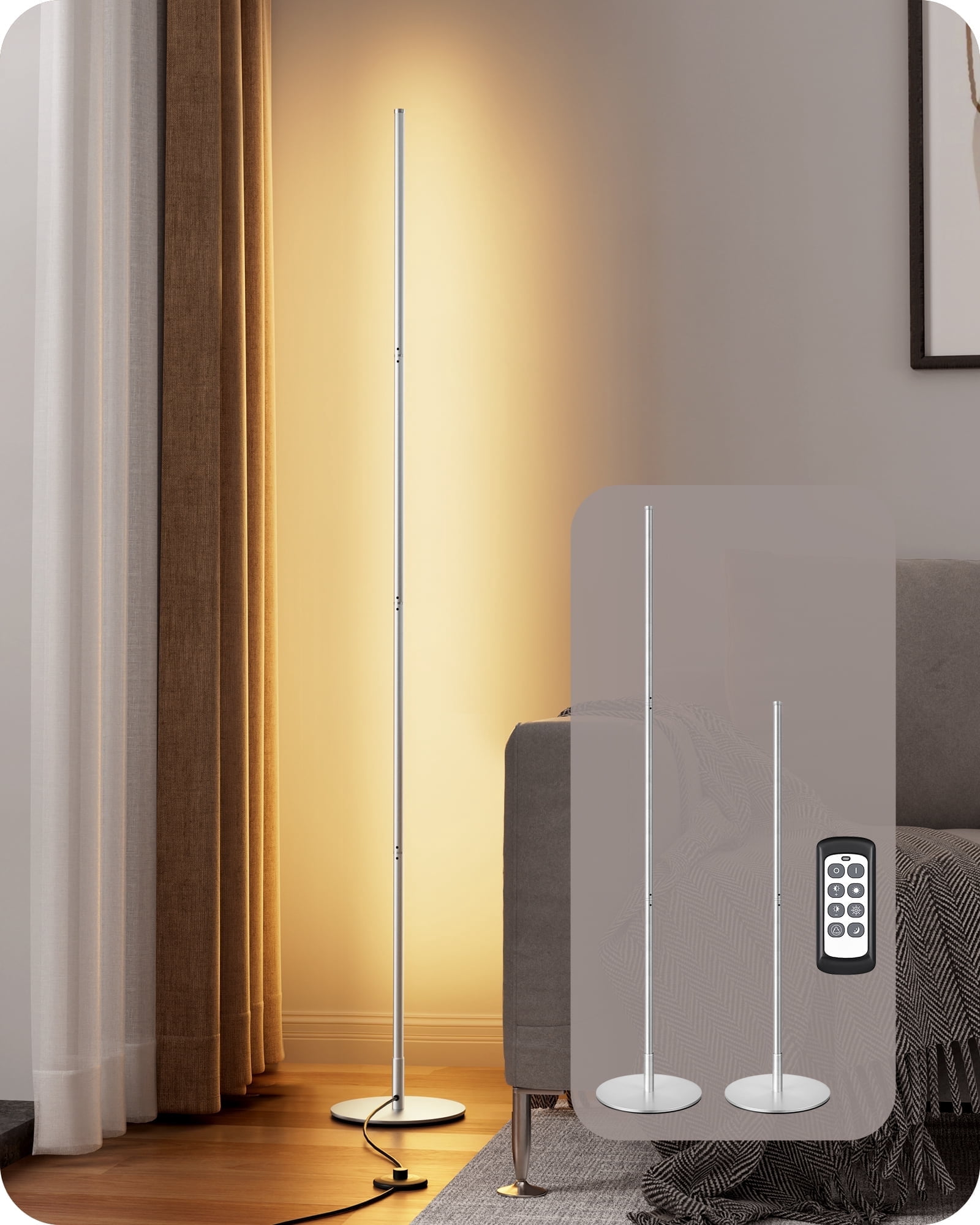 EDISHINE 57.5" Dimmable Modern Floor Lamp for Living Room with Remote, 1 Pack, Silver