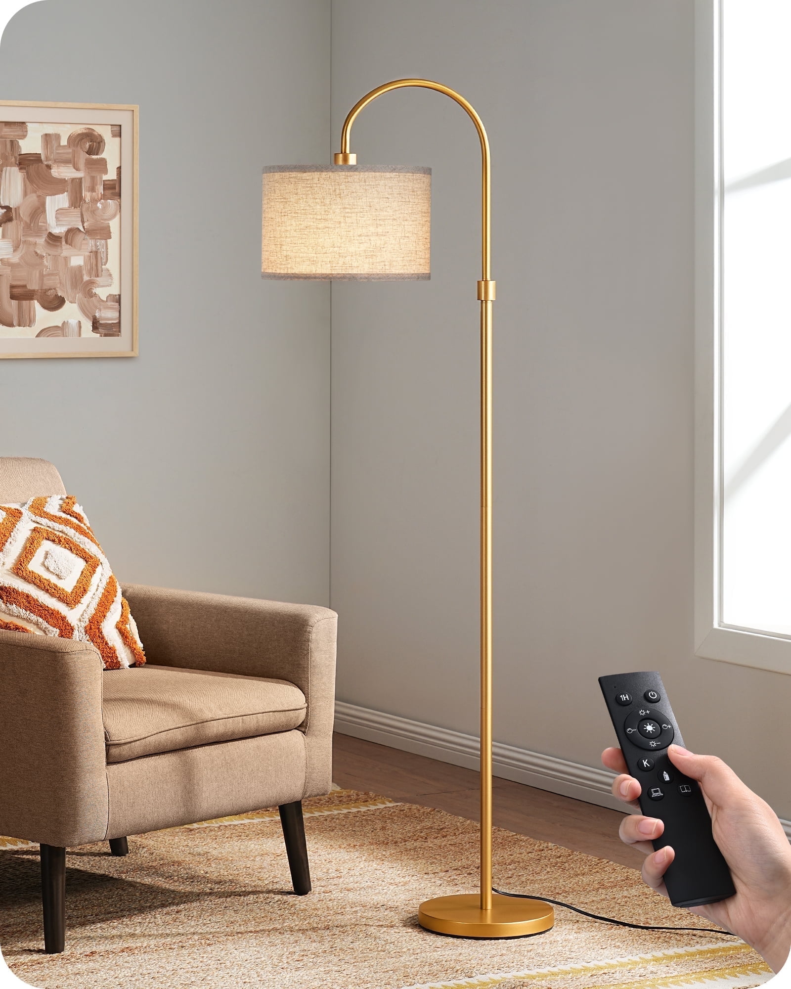 EDISHINE 62IN Gold Arc Floor Lamps with Remote for Living Room, Dimmable, 3000K-6500K, 5CCT, Tall Pole Reading Floor Lamp for Bedroom, Office, LED Bulb Included