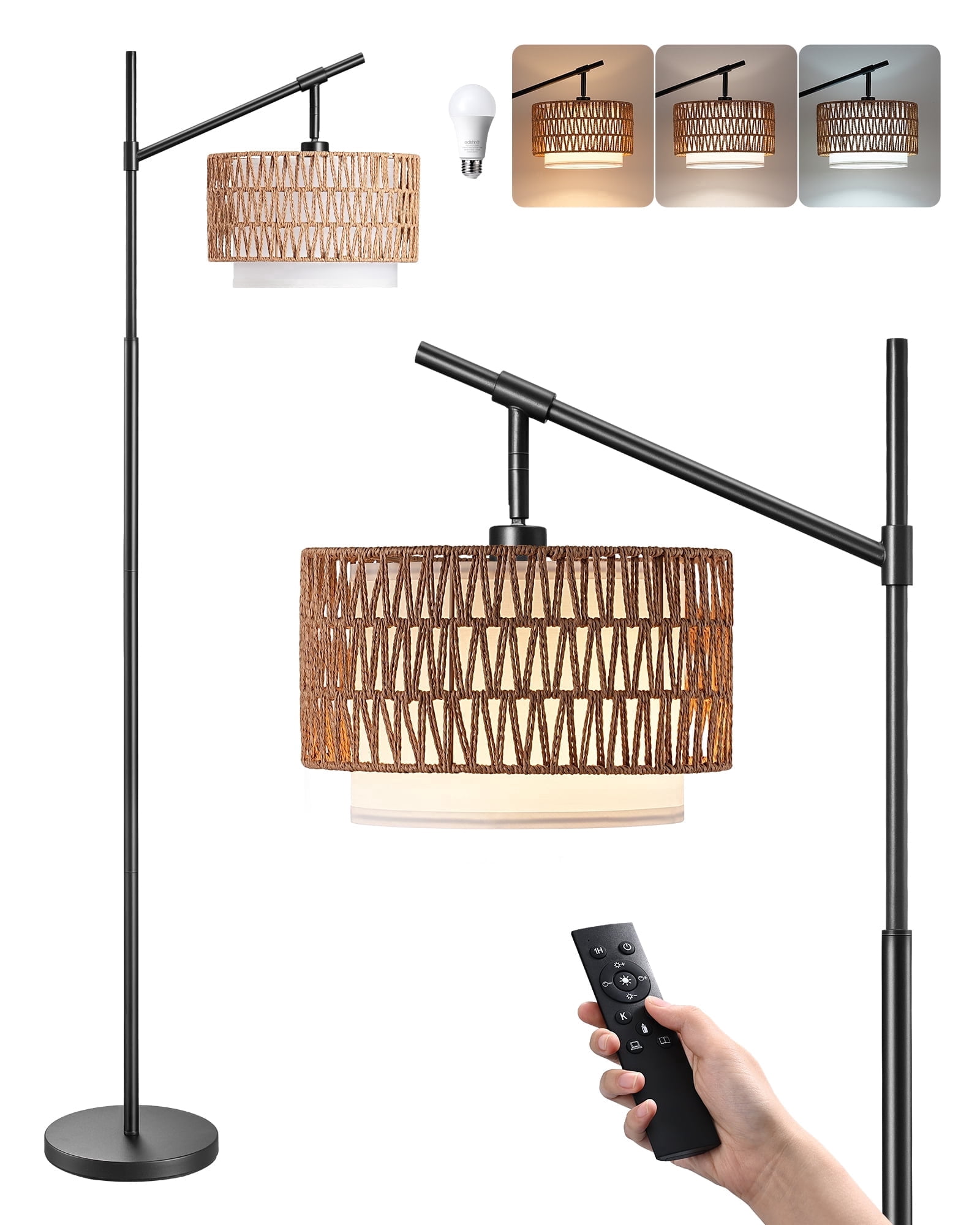 EDISHINE 63.78" Rattan Floor Lamps with Remote for Living Room, Black Standing Lamp with Double Drum Shade, Boho Farmhouse Tall Lamp for Bedroom, With LED Light Bulb
