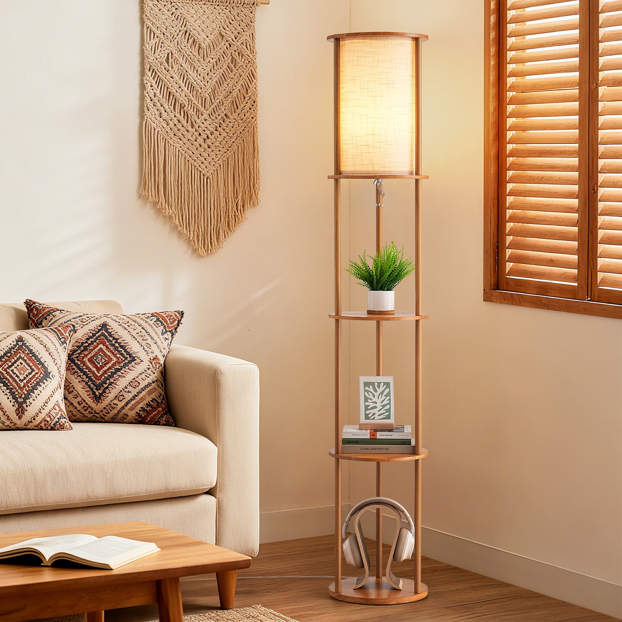 EDISHINE 63.8" Column Floor Lamp with Solid Wood Shelves, Modern Standing Lamp for Living Room Bedroom Corner, LED Bulb Included