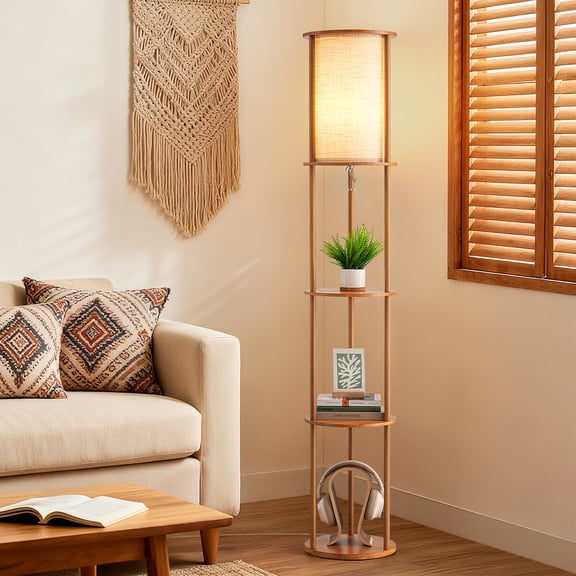 EDISHINE 63.8" Column Floor Lamp with Solid Wood Shelves, Modern Standing Lamp for Living Room Bedroom Corner, LED Bulb Included