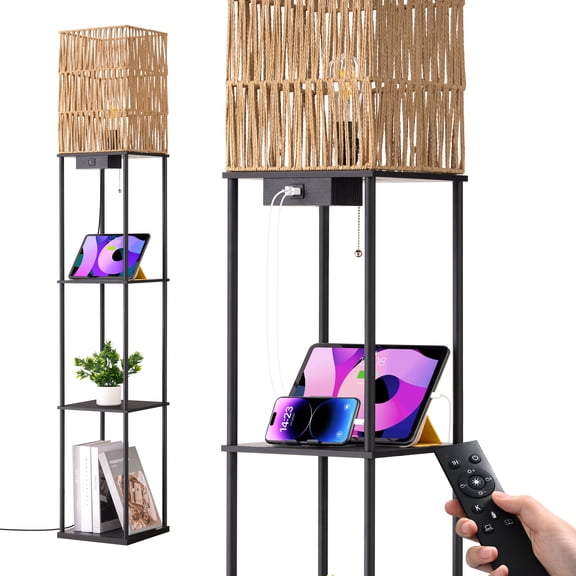 EDISHINE 63.8" Rattan Floor Lamp with Shelves, USB Charging Port, Stepless Dimmable Color Temperature, Remote & Pull Chain, Modern Standing Lamp for Living Room Bedroom
