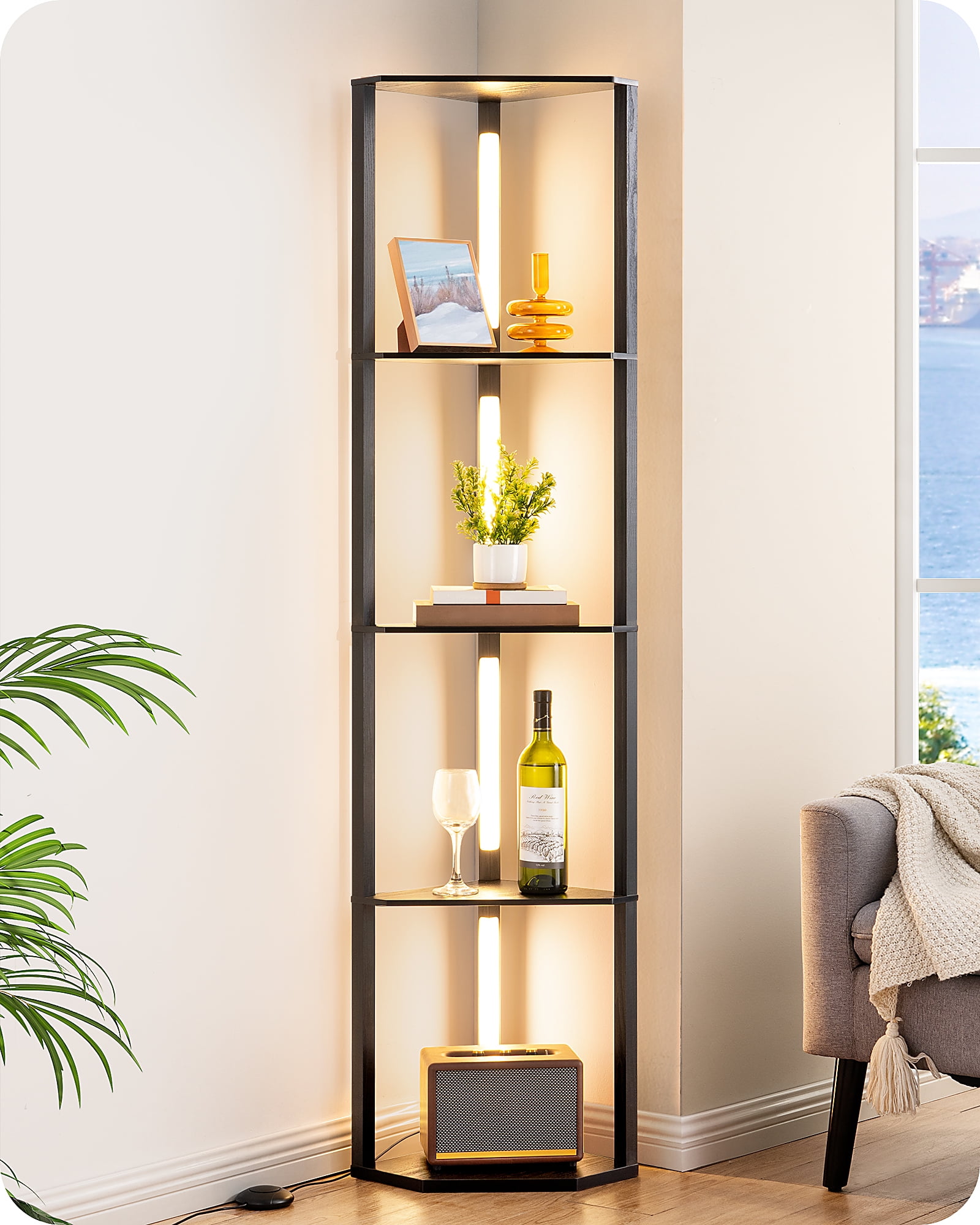 EDISHINE 64in  Shelf Floor Lamps for Bedroom Office Living Room, Modern LED Corner Light with Shelves, 3CCT, Stepless Dimmable, Tall Floor Light for Bedroom, Office, Dining Room