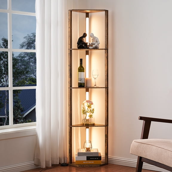 EDISHINE 64IN Shelf Floor Lamps for Living Room, Modern LED Corner Light with Shelves, 3CCT, Stepless Dimmable, Tall Floor Light for Bedroom, Office, Dining Room, Fire Wood Grain