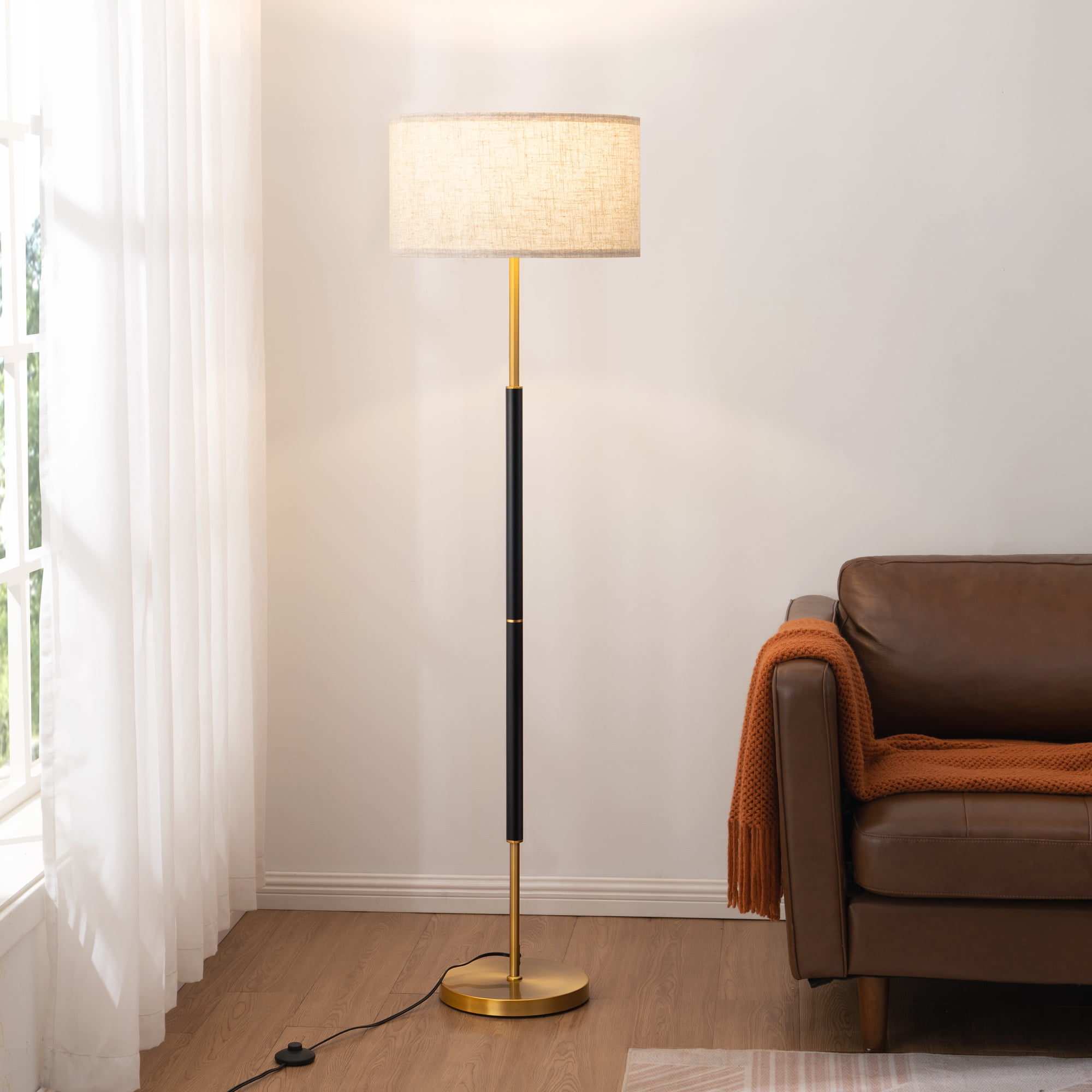 65" Black and Gold Dimmable Floor Lamp with Linen Shade