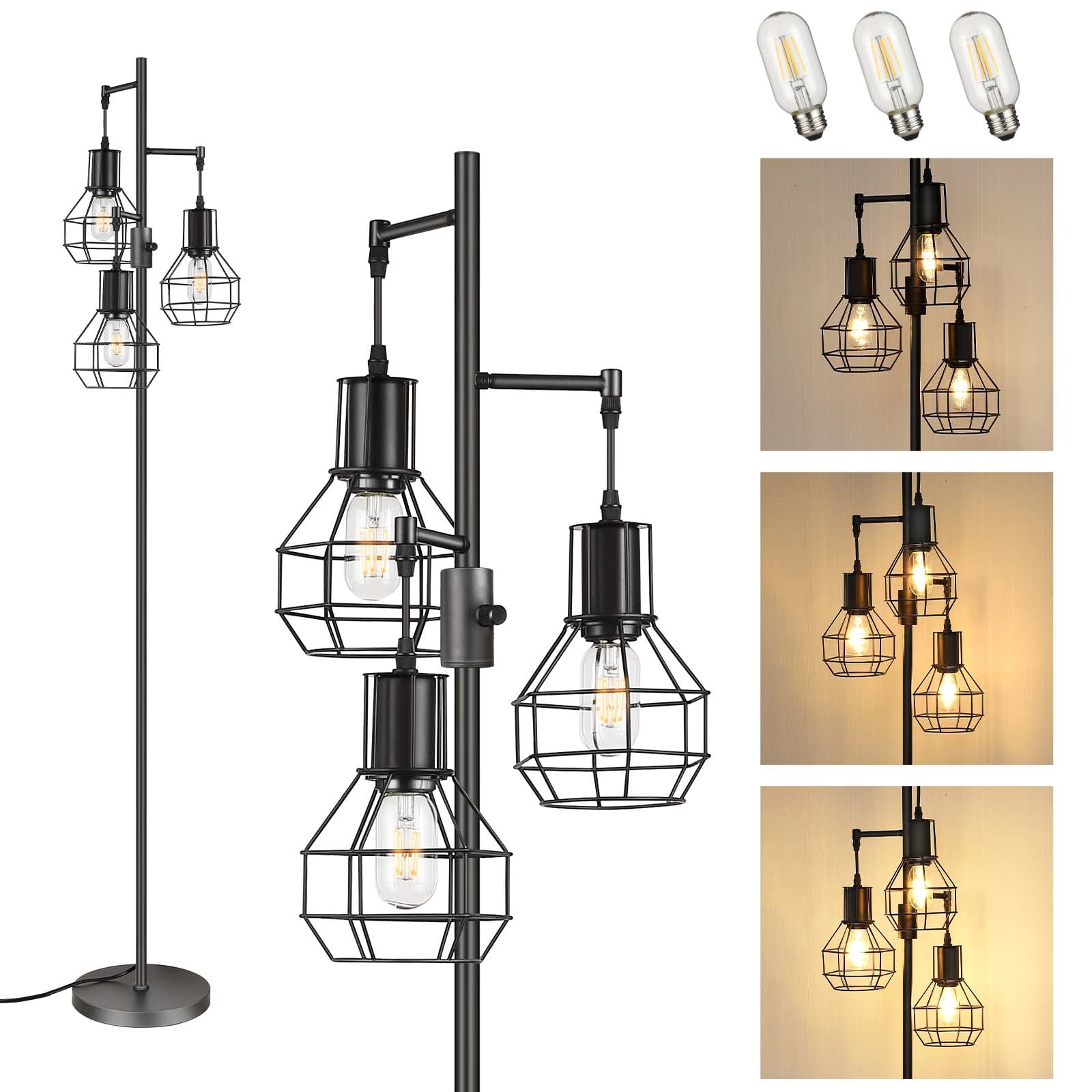 EDISHINE 65 inch Dimmable Industrial Floor Lamp with 3 LED Edison Bulbs