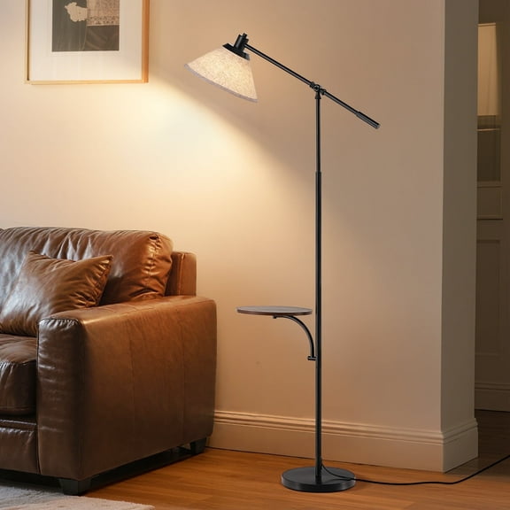 EDISHINE 68" Floor Lamp with Table for Living Room, Height Adjustable, 5CCT, Dimmable, Remote Contronl, Brown Wood Grain Tray, Black Standing Light with Linen Shade, LED Light Bulb In