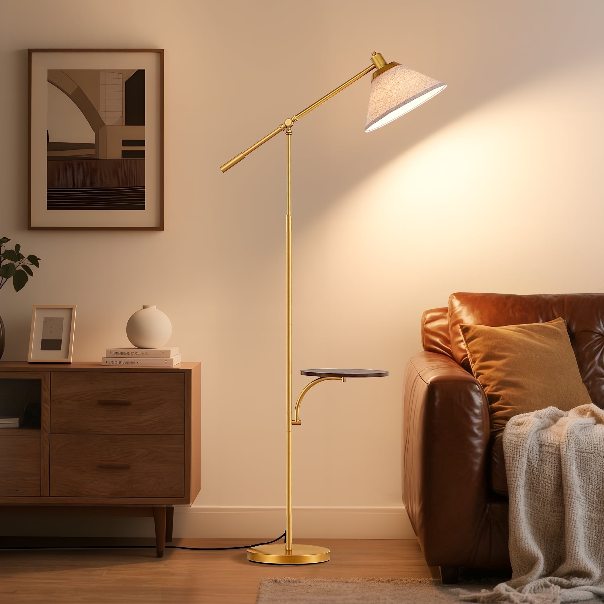 EDISHINE 68" Gold Floor Lamp with Table for Living Room, Height Adjustable, 5 Color Temperatures, Remote Contronl, Brown Wood Grain Tray, Dimmable Standing Light with Linen Shade, With LED Bulb