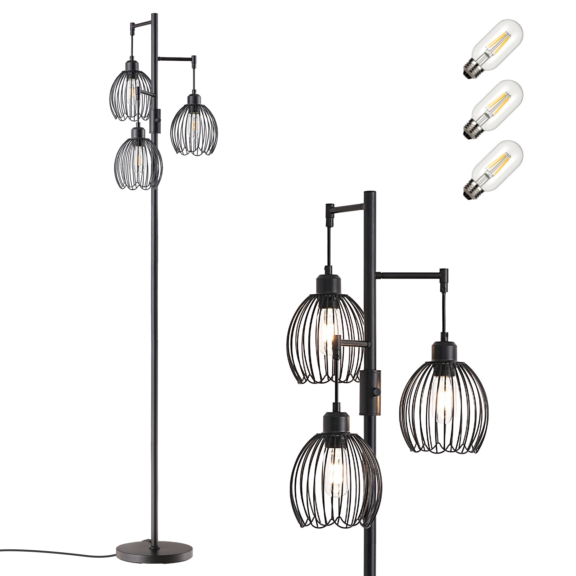 EDISHINE 69in Industrial Floor Lamps for Living Room, With 3 LED Edsion Bulbs, Black