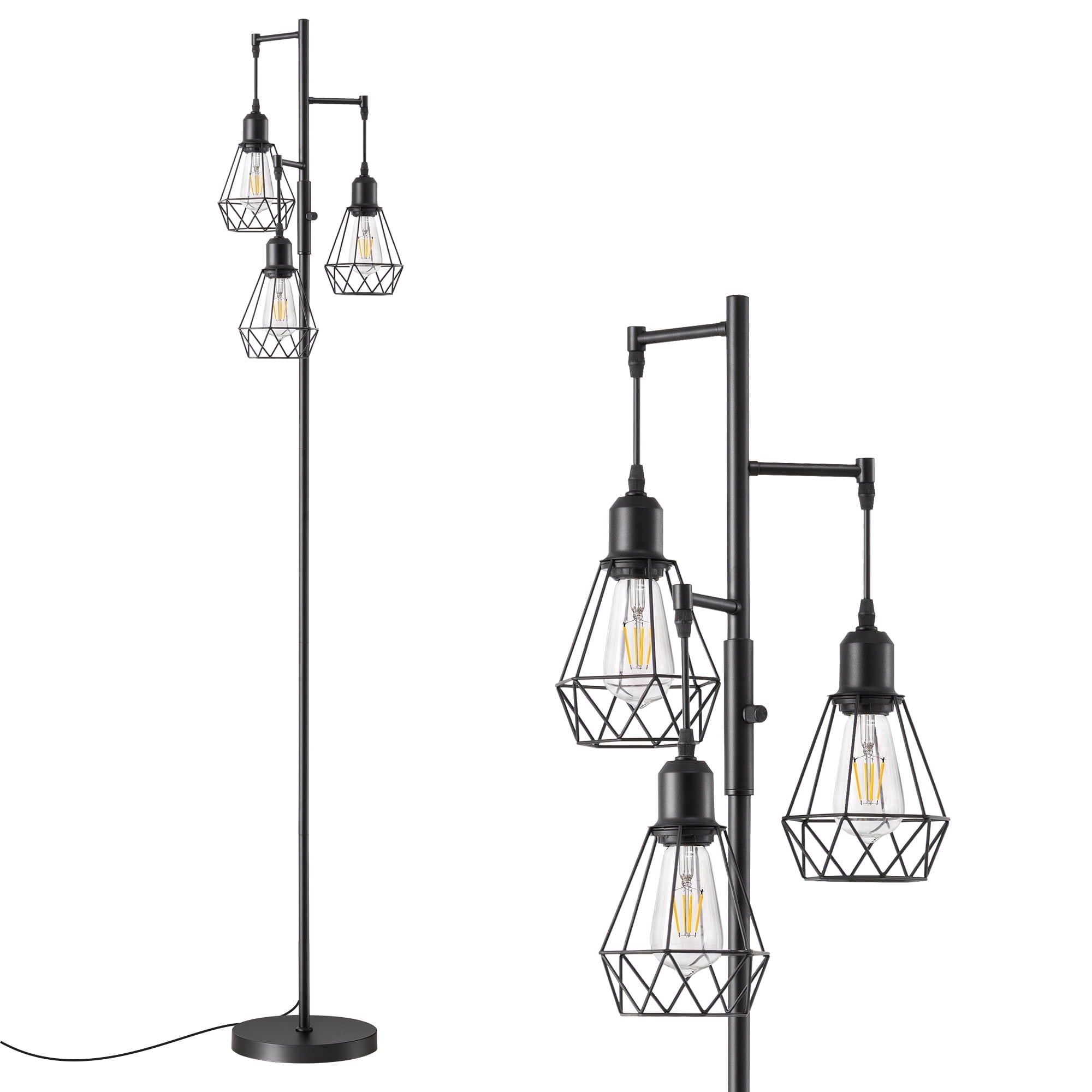 EDISHINE 70IN Farmhouse Industrial Floor Lamps for Living Room, Dimmable, Metal Standing Tree Lamp for Bedroom, Office, Home Decor, Lighting, 3 LED Edison Bulbs Included, Black