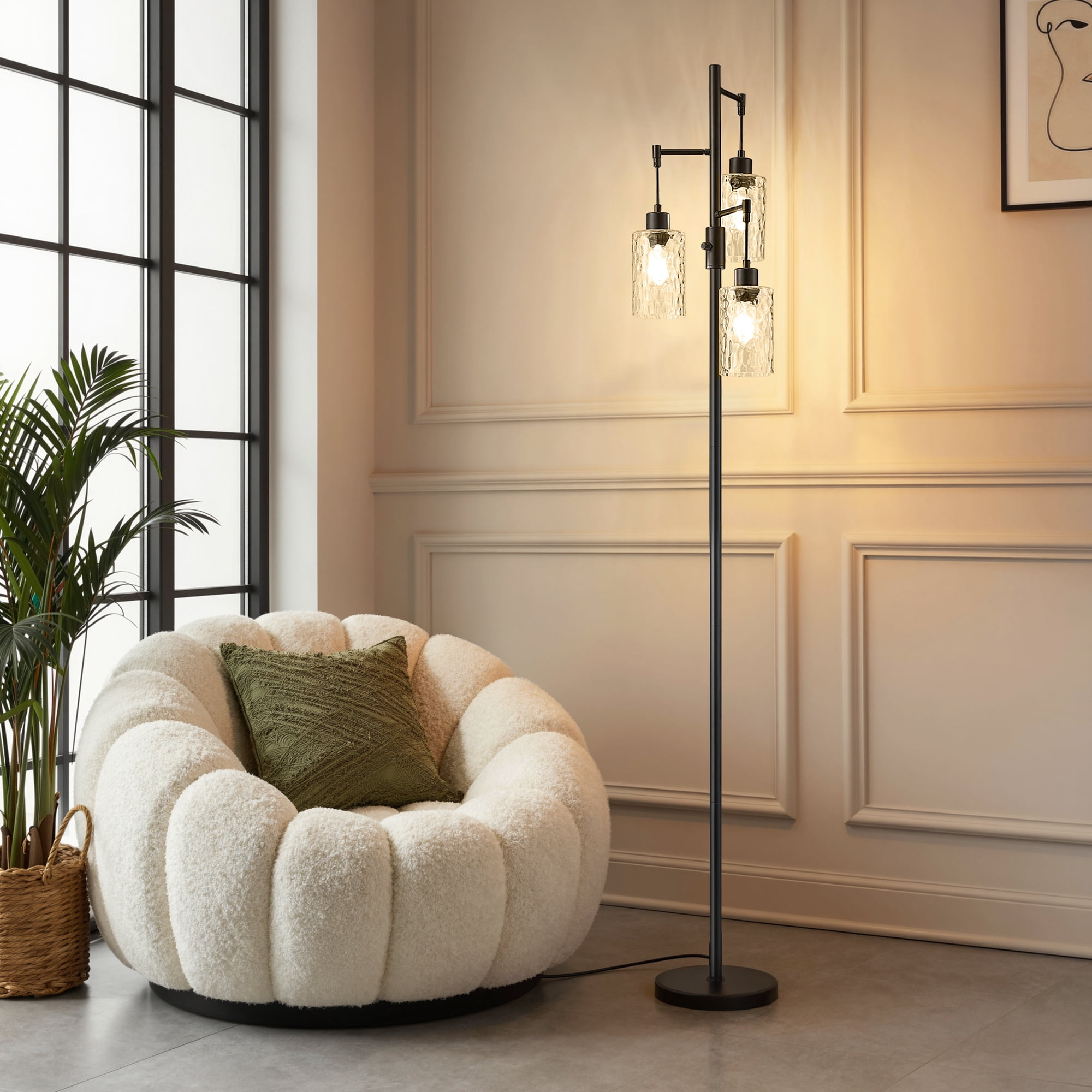 EDISHINE 70IN Industrial Floor Lamps for Living Room, Dimmable Glass Tree Standing Tall Lamps with 3 Elegant Cage Head & LED Bulbs for Bedroom Office
