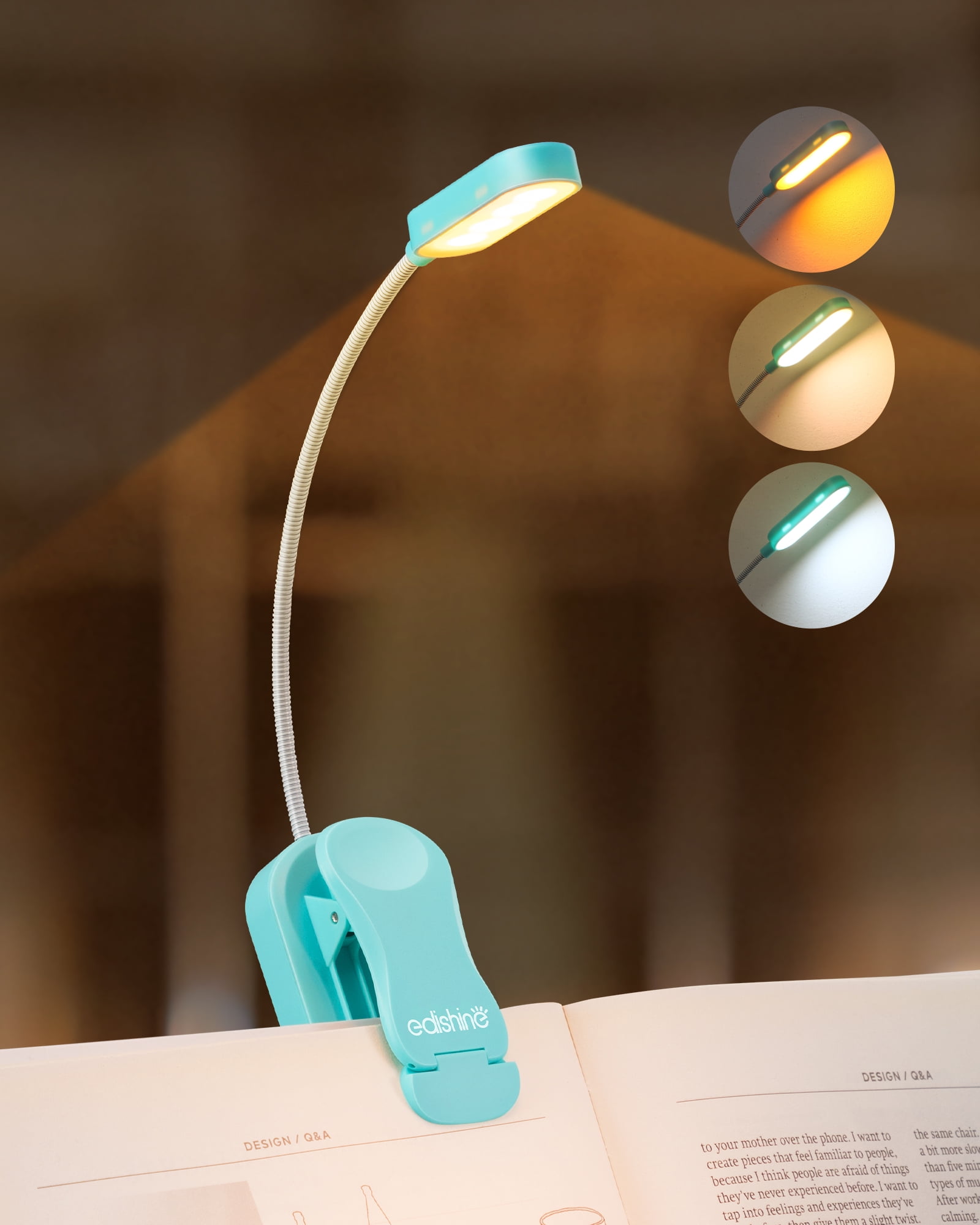 EDISHINE Book Reading Light, USB Rechargeable 8 LED Amber Book Light