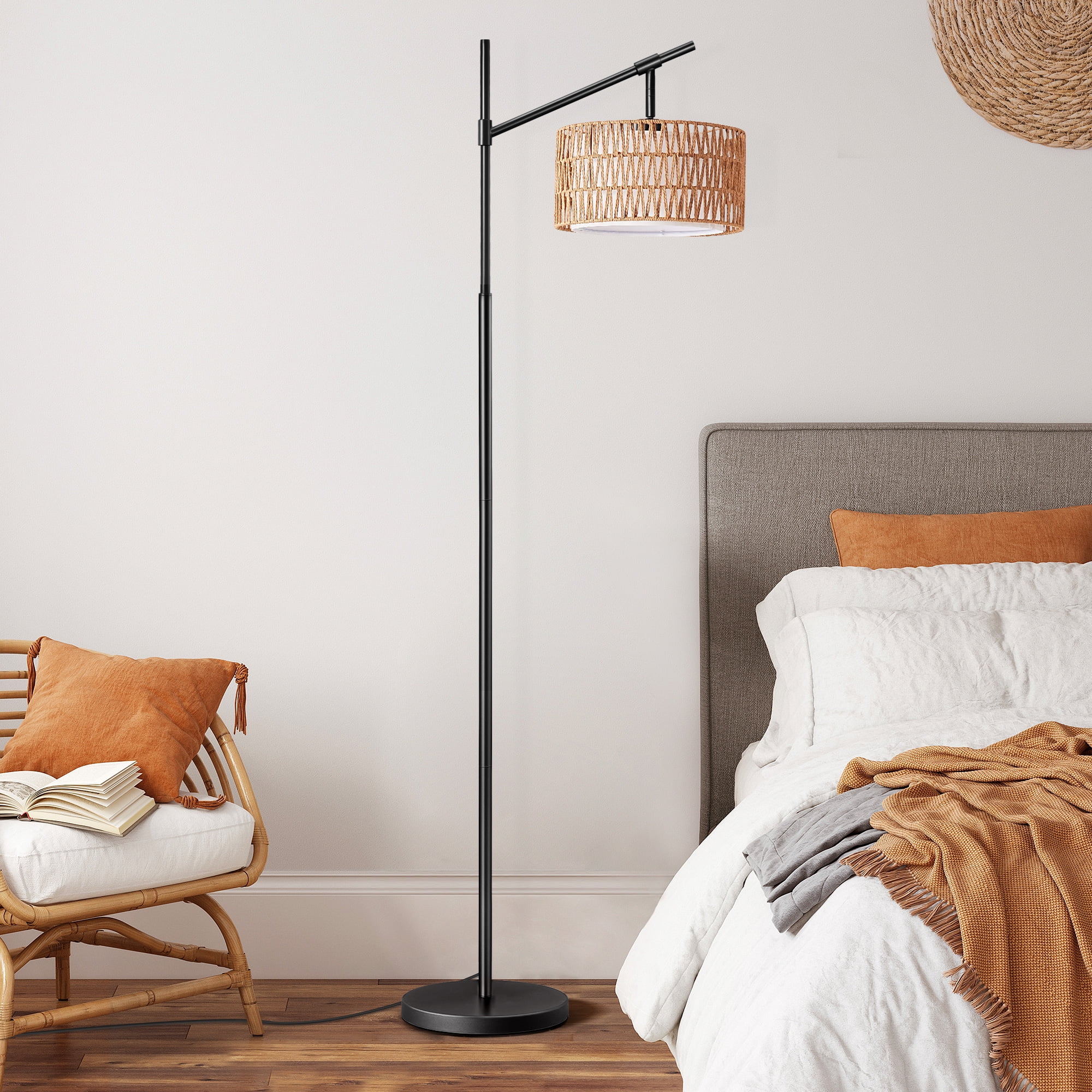 EDISHINE Rattan Floor Lamps with Remote for Living Room, Black Standing ...