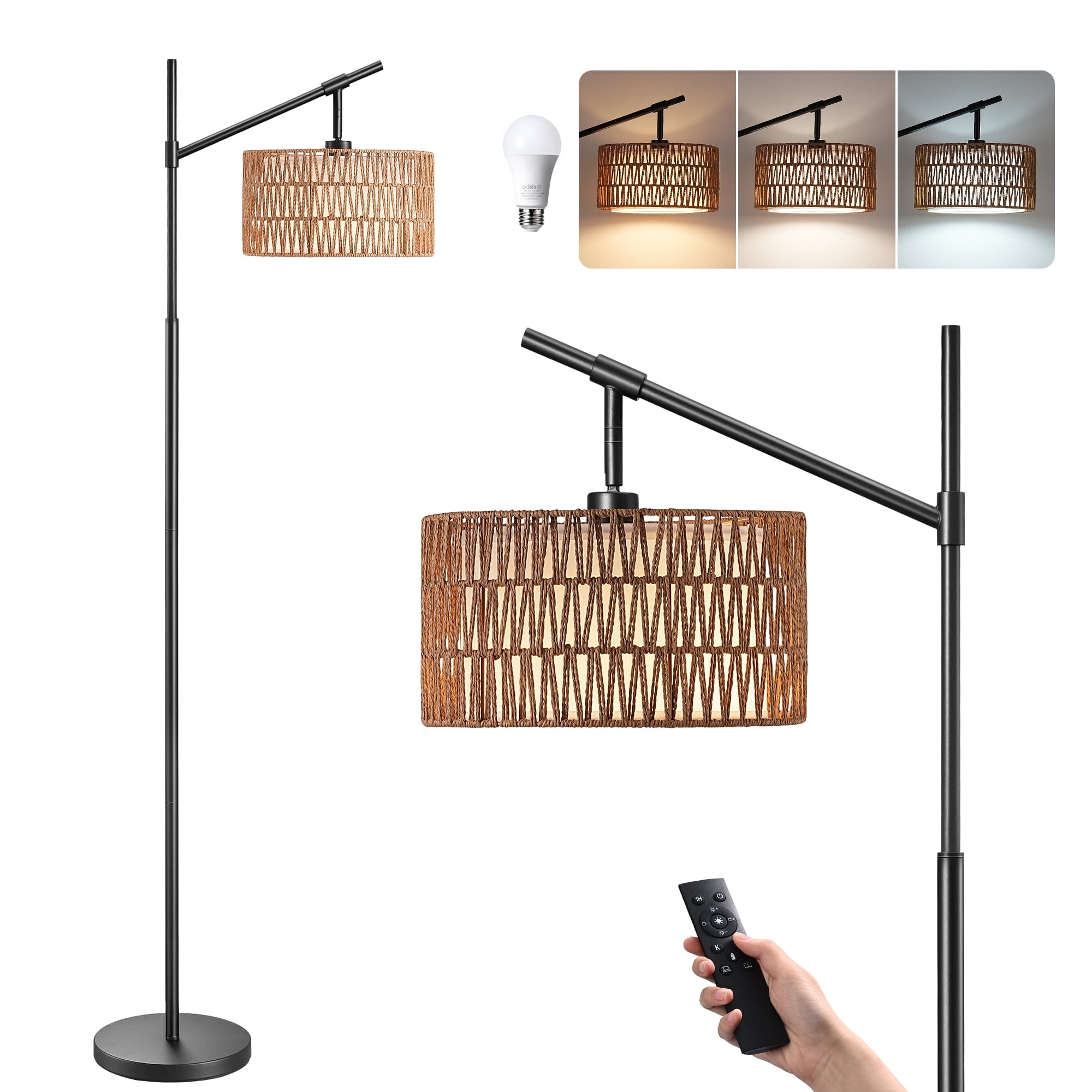 EDISHINE Rattan Floor Lamps with Remote for Living Room, Black Standing Lamp with Rattan & Fabric Double Drum Shade, Boho Farmhouse Tall Lamp for Bedroom, With LED Light Bulb.