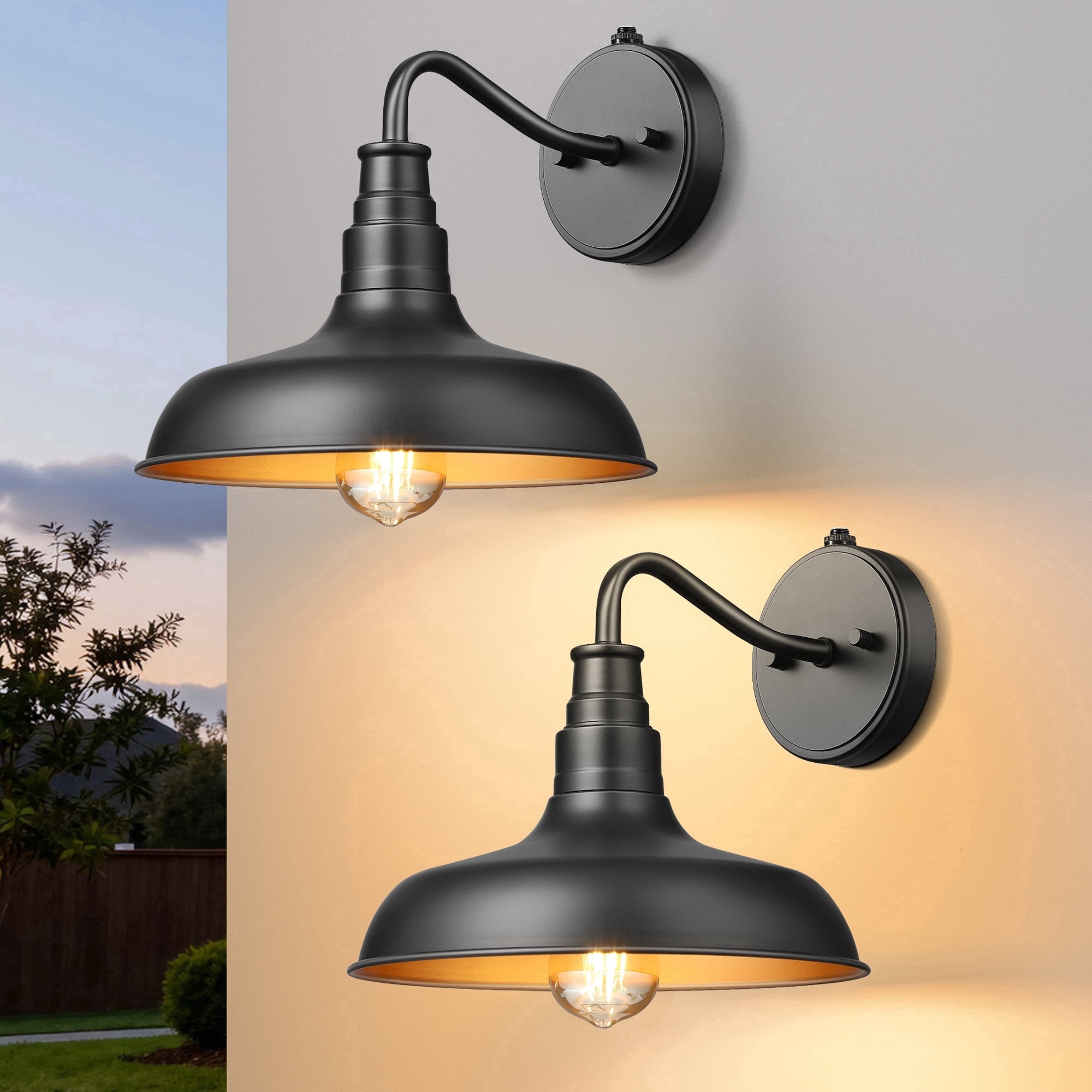 EDISHINE Dusk to Dawn Outdoor Barn Light, Gooseneck Wall Sconce E26, Hardwired Weatherproof Exterior Fixture for Porch Garage Patio Entryway, Rustproof Aluminum Black (Bulbs Not Included)