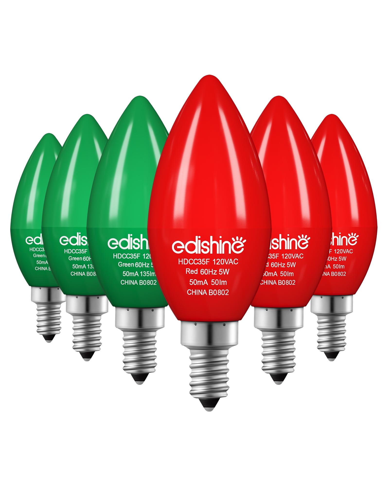 EDISHINE E12 Christmas LED Red Green Light Bulb, Dimmable, 60W