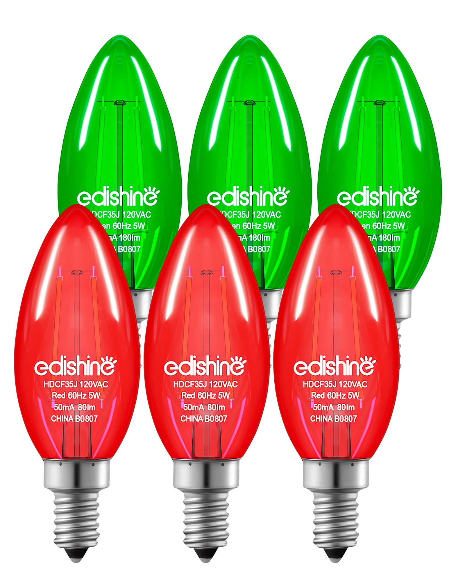 EDISHINE E12 Red Green Christmas LED Light Bulbs, 5W Equivalent 60W