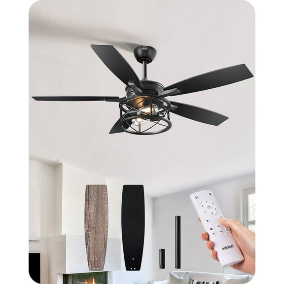 EDISHINE Farmhouse Black Ceiling Fan with Light and Remote Control, 5 Wood Blades, Rustic Farmhouse Ceiling Fan with Light for Living Room, Bedroom, Wet Rated