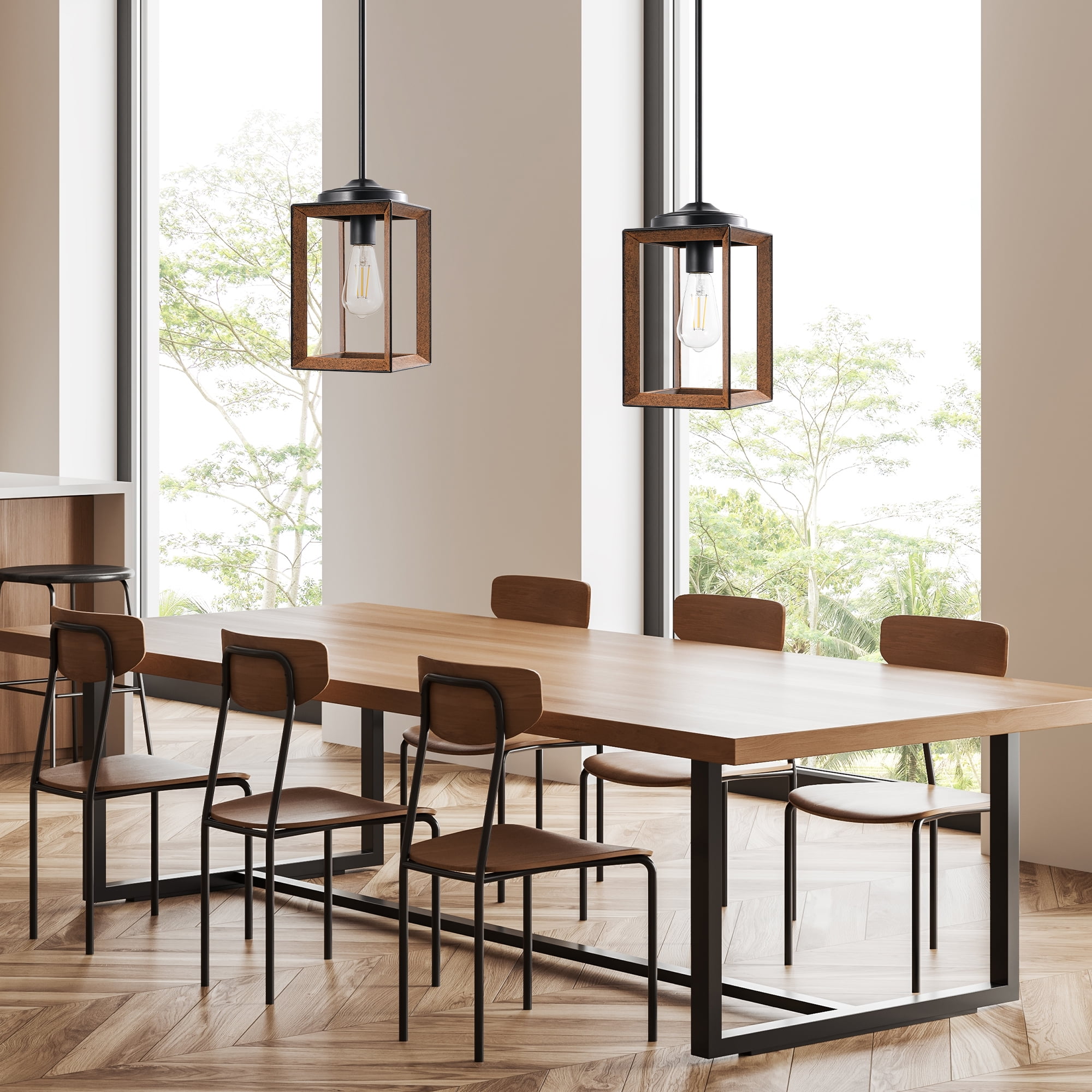 Bronze Rustic Farmhouse Wood Cage Pendant Light