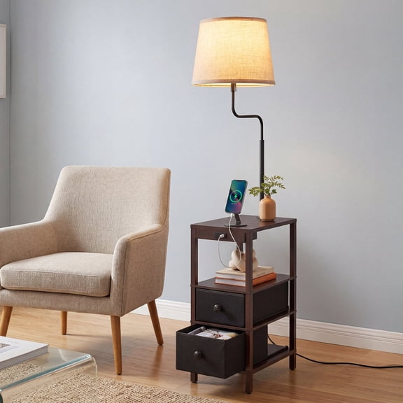EDISHINE 58.2in Floor Lamps with table for Living Room, USB-A+Type-C Port, Dimmable Floor Lamps with Shelves, Farmhouse Remote Nightstand Light for Bedroom, Office, Dark Walnut