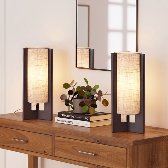 EDISHINE Table Lamp, Modern Bedside Lamp for Livng Room, Wooden Nightstand Lamp, E26 Base (Bulbs Not Included), Walnut, 2 Pack