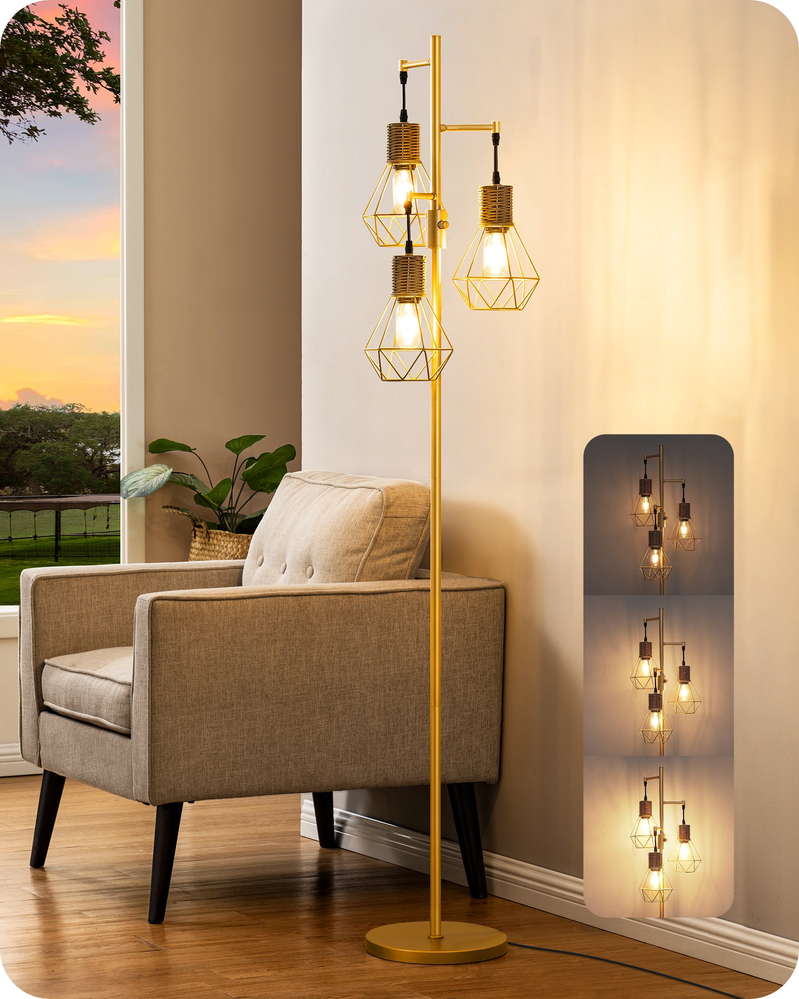 EDISHINE Industrial Floor Lamps for Living Room Clearance, Dimmable, Metal Standing Tree Lamp for Bedroom, Office, Home Decor, LED Bulb Included, Gold