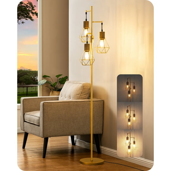 EDISHINE Industrial Floor Lamps for Living Room Clearance, Dimmable, Metal Standing Tree Lamp for Bedroom, Office, Home Decor, LED Bulb Included, Gold