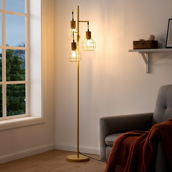 EDISHINE 64.7inch Industrial Gold Floor Lamps for Living Room Clearance, Dimmable, Metal Tree Standing Lamps for Bedroom, Office, LED Light Bulbs Included, Gold