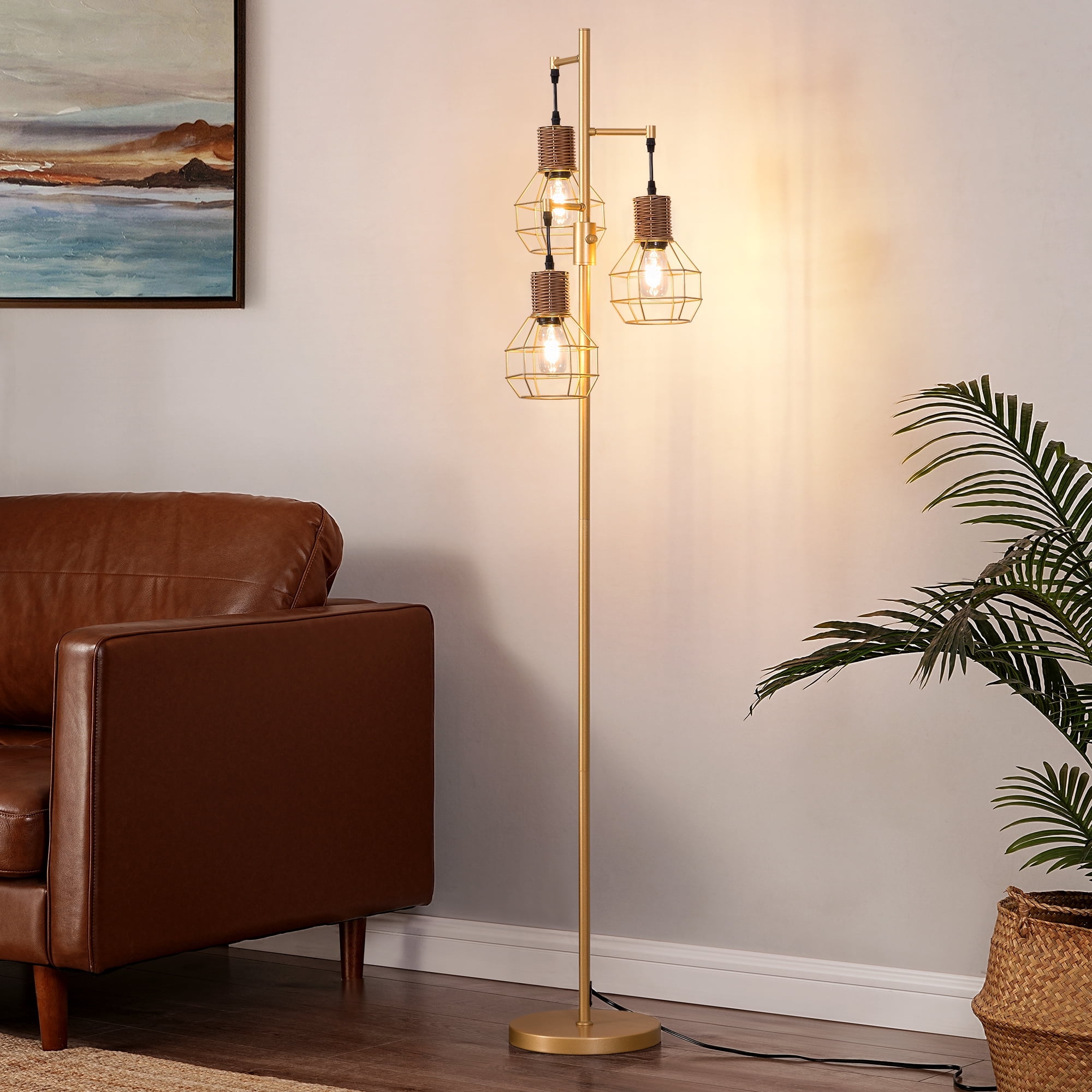 Gold 65" Rattan Tree Floor Lamp with Dimmable Bulbs