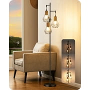 EDISHINE Industrial Rattan Floor Lamps for Living Room Clearance, Dimmable, Metal Three Head Floor Lamp for Bedroom, Office, Black, LED Bulbs Included