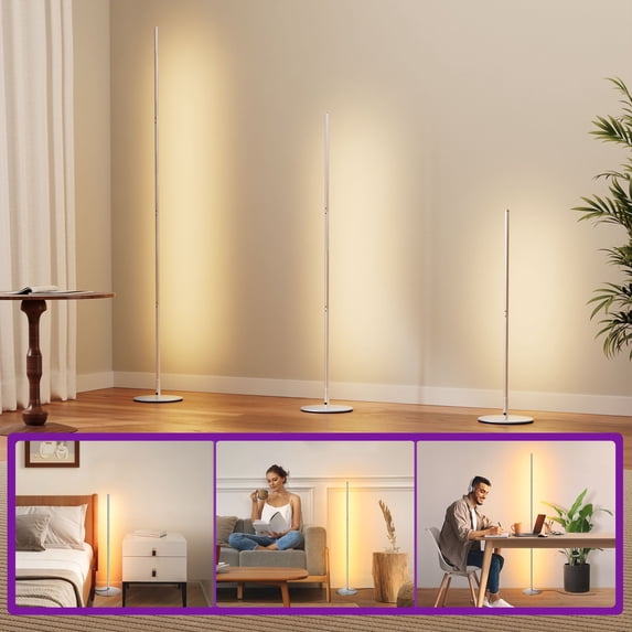 EDISHINE LED Corner Floor Lamp, Dimmable, Adjustable Height, Minimalist Tall Lamp for Living Room, Bedroom, Office, 3000K, Silver
