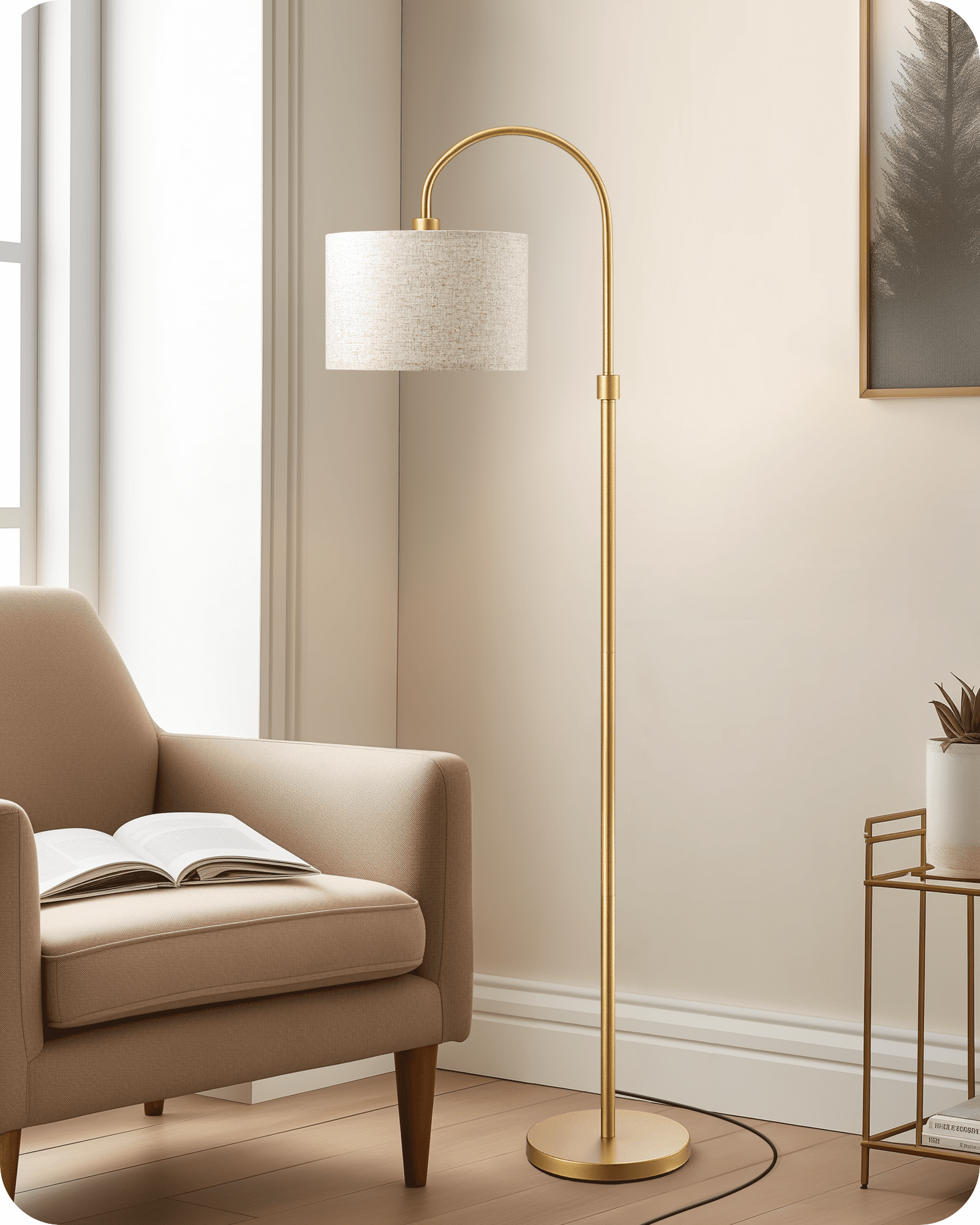 Gold Adjustable Arc Floor Lamp with Beige Shade