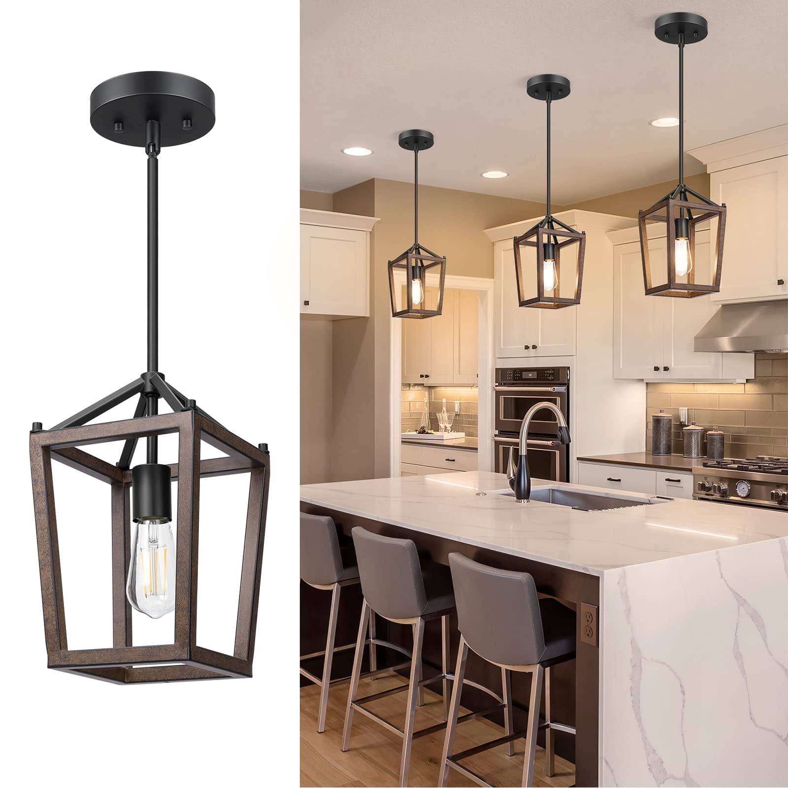 EDISHINE 1-Light Farmhouse Cage Pendant Light – Rustic Wood Finish, Adjustable Height, E26 Socket, For Kitchen Island & Dining Room